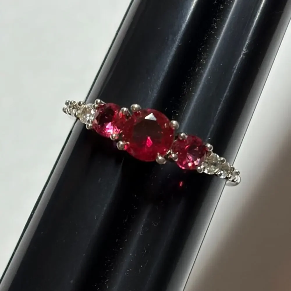 Bomb Party July Birthday Ring 3 Stone Lab Created Ruby on Silver Tone Size 11